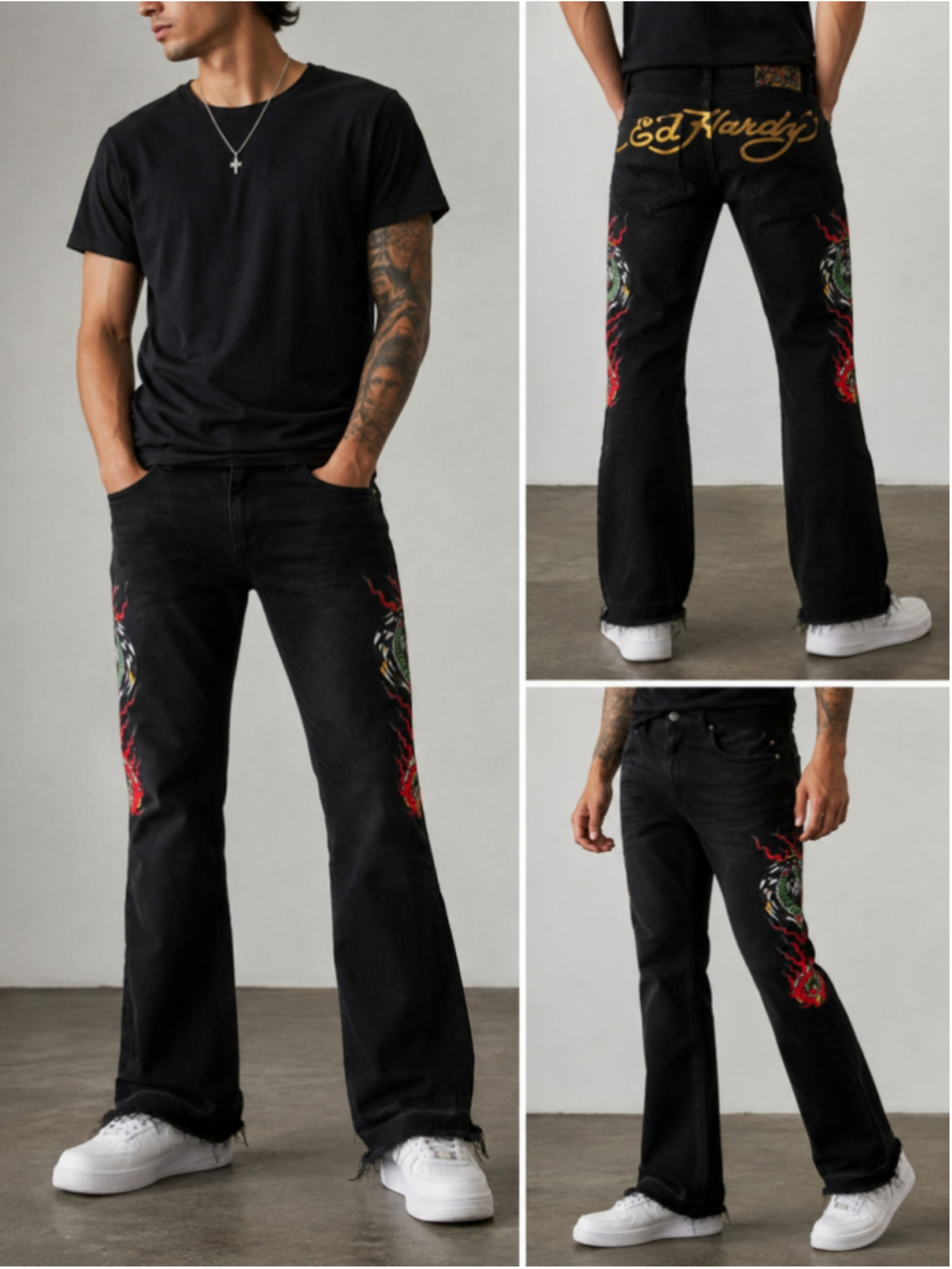Ed Hardy Mens Bootcut Black Wash Denim Jeans Tiger Logo Stretch Pockets Size 34